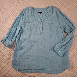 Talbots Women's XL Blue Linen V-Neck Pocket Tunic Shirt Top Roll Tab Sleeves